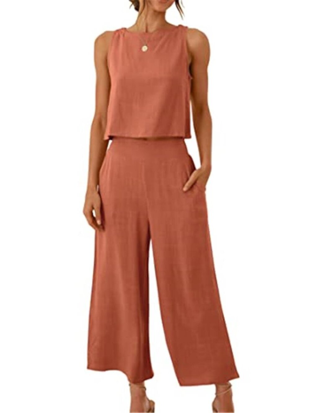 Womens Linen Blend 2 Piece Outfit Crop Top Wide Leg Pants Set High Waist Summer